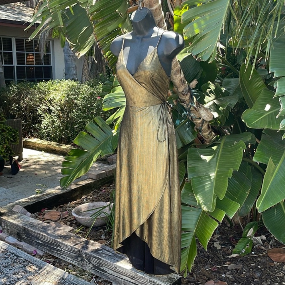 Metallic gold, asymmetric wrap slip dress